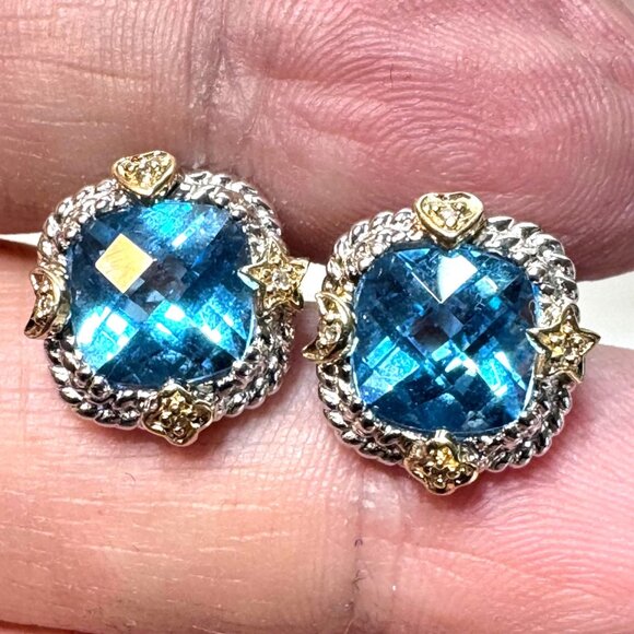 14K White & Yellow Gold Topaz & Diamond Star Moon Flower Heart Stud Earrings